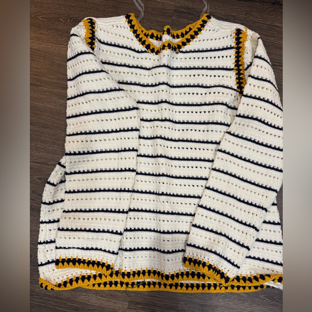 Alya White and Black Striped Sweater with Gold Accents